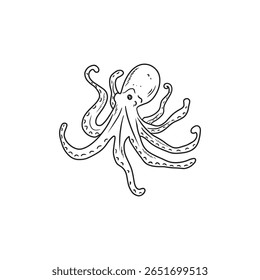 Realistic octopus drawing in black isolated on white background, Hand drawn vector sketch illustration in doodle engraved vintage line art style. Sea animal, underwater life, marine, print design.