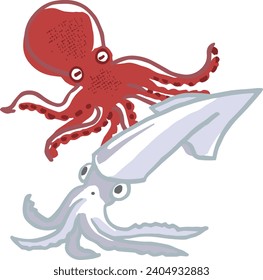 Realistic octopus and squid full body vector illustration