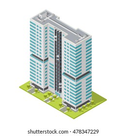 Realistic office building, isometric skyscraper, modern apartments. Vector illustration.
