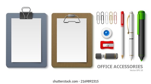 Realistic office clipboards. Paper white sheets holders, different page mounts, 3d office supplies. Pen, pencil and marker, colorful paper clips, rubber band and sharpener, utter vector set