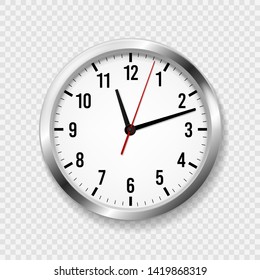 Realistic office clock. Modern wall silver round watches with time arrows and clock face. 3d metal classic timepiece schedule vector concept