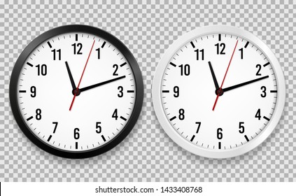 Realistic office clock. Wall round watches with time arrows and clock face isolated 3d vector black and white clocks on transparency background
