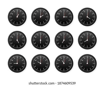 Realistic office clock. Wall round watches with time arrows and clock face. Vector illustration.