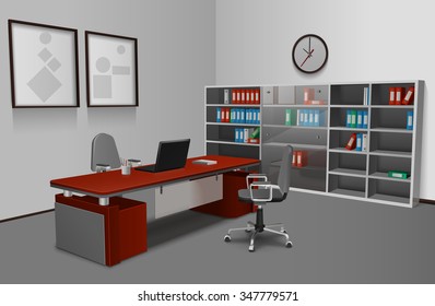 Realistic office interior with 3d work desk bookshelf and picture frames on wall vector illustration