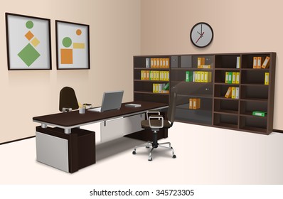 Realistic office interior with work desk chair and bookshelf 3d vector illustration