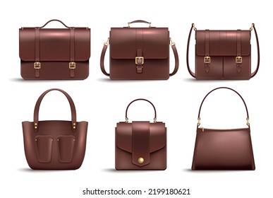 Realistic office leather business bag set with six isolated images brown vintage accessories on blank background vector illustration