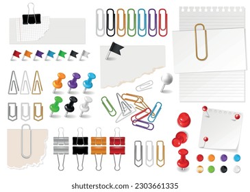 Realistic office paperclip set with isolated icons of stationery clips and push pins on blank background vector illustration