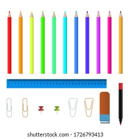 Realistic office stationery. School supplies. Wood colorful pencils, marker pen,eraser,clips, marker pen, ruler, and drawing items. Stock vector illustration on white isolated background.