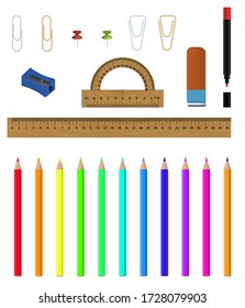 Realistic office stationery.School supplies.Wood colorful pencils,marker pen,eraser,clips,marker pen,wood ruler,protractor,sharpener and drawing items. Stock vector illustration on isolated background