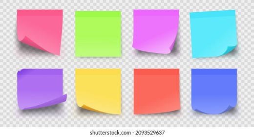 Realistic office sticky paper reminder notes in colors. Adhesive square memo pages for important messages. Sticker post notepad vector set. Illustration of colored reminder memo, memory sticky