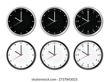 Realistic Office Wall Clock Set 3D Round Silver Black and White Watches with Detailed Clock Face and Hands Isolated on Transparent Background Vector Illustration - Powered by Shutterstock - Get 15% off with code: PIKWIZARD15