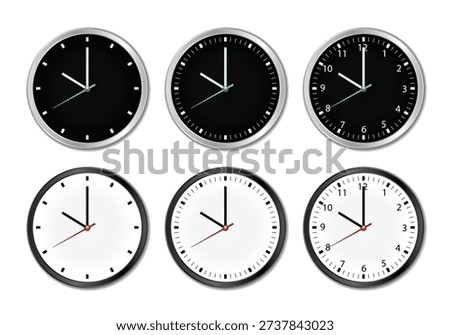 Realistic Office Wall Clock Set 3D Round Silver Black and White Watches with Detailed Clock Face and Hands Isolated on Transparent Background Vector Illustration