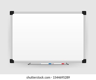 Realistic office Whiteboard. Empty whiteboard with marker pens. Vector stock illustration.