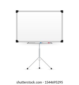 Realistic office Whiteboard. Empty whiteboard with marker pens. Vector stock illustration.