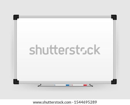 Realistic office Whiteboard. Empty whiteboard with marker pens. Vector stock illustration.