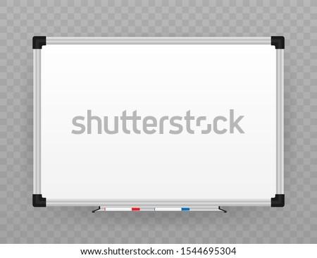 Realistic office Whiteboard. Empty whiteboard with marker pens. Vector stock illustration.
