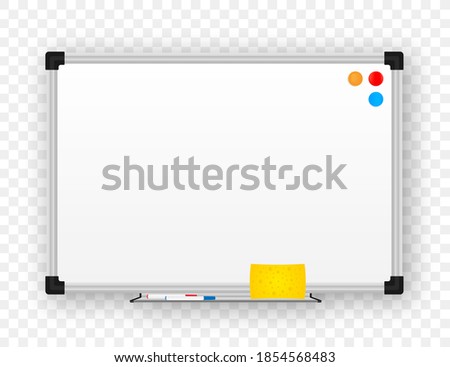 Realistic office Whiteboard. Empty whiteboard with marker pens. Vector stock illustration.