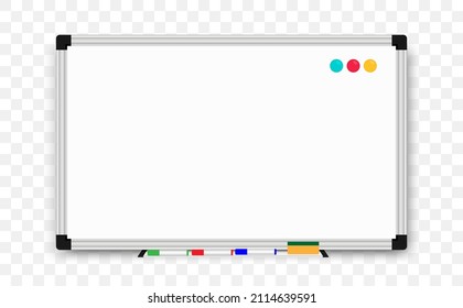 Realistic office Whiteboard. Empty white marker board with marker pens on transparent background. Scool blackboard with round color magnets. Space for your design and text. Vector illustration