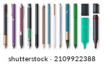 Realistic office writing supplies, pencils, pens and markers. Highlighter, graphite pencil with eraser. School stationery tools vector set. Ballpoint pen for education, assortment for drawing