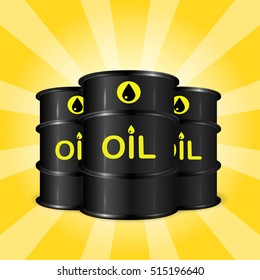 Realistic oil barrels on sunray background, commercial oil storage concept, black, yellow and orange colors, 3d vector realistic illustration, eps 10