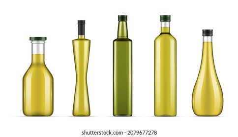 Realistic oil bottles different shape with lid set vector illustration. Collection vegetable liquid olive and sunflower oils blank glass package isolated. Extra virgin avocado, pomace or sesame seeds