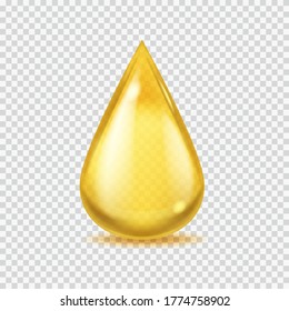 Realistic oil drop. Gold vector honey or petroleum droplet, icon of yellow essential aroma or olive oils, vector isolated illustration on transparent background