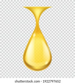 Realistic oil drop. Gold vector honey or petroleum droplet, icon of yellow essential aroma or olive oils, falling golden liquid vector single object isolated illustration on transparent background