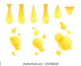 Realistic oil drops. Dripping drop, honey yellow drip. Isolated keratin or protein, fluid golden bubble. Cosmetic vitamin droplet vector set