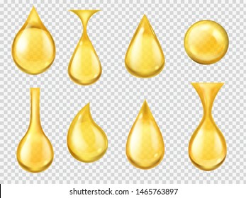 Realistic oil drops. Falling honey drop, gasoline yellow droplet. Gold capsule of liquid vitamin, dripping machine oil isolated clear nature transparent fuel motion vector
