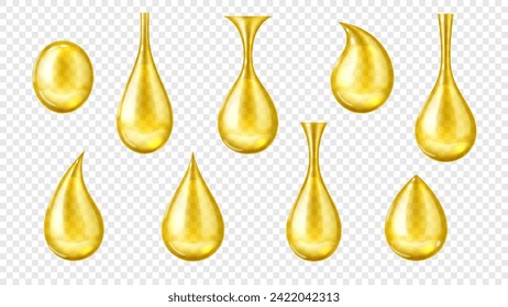 Realistic oil drops. Isolated 3d vector set of small, yellow liquid spheres of hydrophobic substance. Shiny fluid amber colored dews of honey, fuel, collagen, beauty, cooking or lubrication production