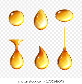 Realistic oil drops. Shine yellow droplets set. Honey liquid drop collection, dripping transparent mashine oil vector