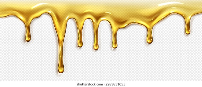 Realistic oil or honey flow isolated on transparent background. Vector illustration of yellow sticky fluid substance dripping down. Natural food product. Sweet syrup splash, dessert. Seamless pattern