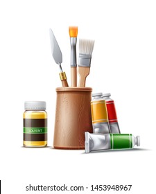 Realistic oil paint tubes, brushes and palette knife with solvent bottle. Creative artist tools concept. Actylic painter colorful instruments. Vector drawing craft elements.