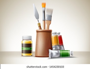 Realistic oil paint tubes, brushes and palette knife with solvent bottle. Creative artist tools concept. Actylic painter colorful instruments. Vector drawing craft elements.