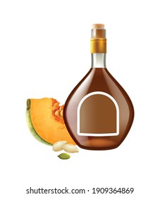 Realistic oil product composition with fruit slice and bottle of oil on transparent background vector illustration