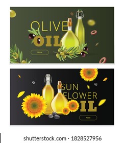 Realistic oil product horizontal banner set with olive oil and sunflower oil headlines vector illustration