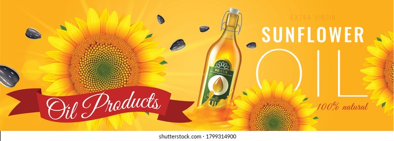 Realistic oil product horizontal poster with big sunflower ribbons and bottle of oil vector illustration