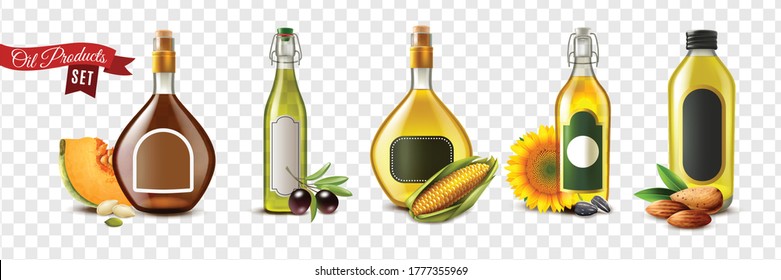 Realistic Oil Product Transparent Icon Set With Almond Pumpkin Seed Olive Corn And Sunflower Oils Vector Illustration