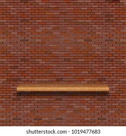 A realistic old brick wall with a wooden shelf.