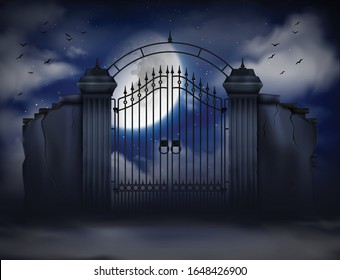 Realistic old cemetery gate in moon light on background with night sky and flying bats vector illustration