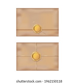 Realistic old envelopes white a gold stamp on a light background. Vector illustration of the wax luxury seal.Design element.