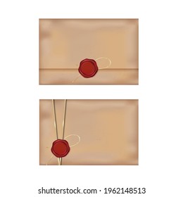 Viejos sobres realistas llevan un sello rojo sobre un fondo claro. Ilustración vectorial del sello de lujo de cera.Diseño.