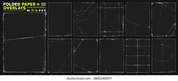 Realistic old folded paper texture overlay kit with grunge scratches, wrinkles and torn edges. Aged and old dust effect, distressed worn edges paper frames for retro, punk and vintage posters.