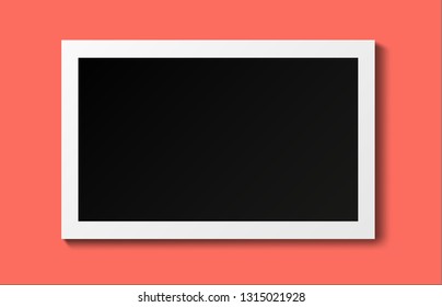 Realistic Old Photo Frame Isolated On Trendy Living Coral Color Background. Vector Illustration. 