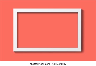 Realistic old photo frame isolated on trendy living coral color background. Vector illustration. 