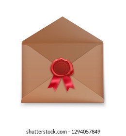 Realistic Old postage envelope with red seal wax isolated on white background. opened envelope with seal, vector illustration