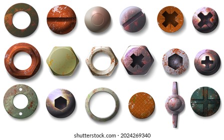Realistic old rusty screw and bolt heads top view. Metal round and hexagon shaped nuts, nails and rivets with grunge rust texture vector set. Illustration of stainless tool, rusty old metal hardware