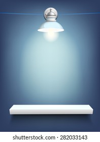 Realistic old silver lamp on a blue background with a white shelf. Vector illustration