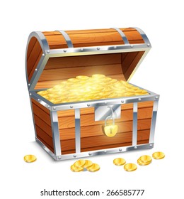 Realistic old style pirate treasure chest with golden coins isolated on white background vector illustration