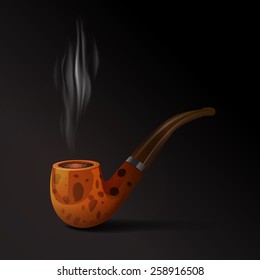 Realistic old style smoking tobacco pipe on black background vector illustration